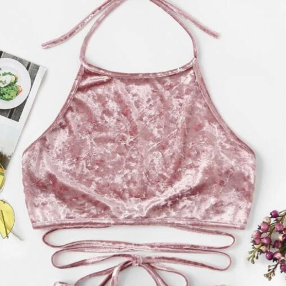 Pink velvet halter backless top